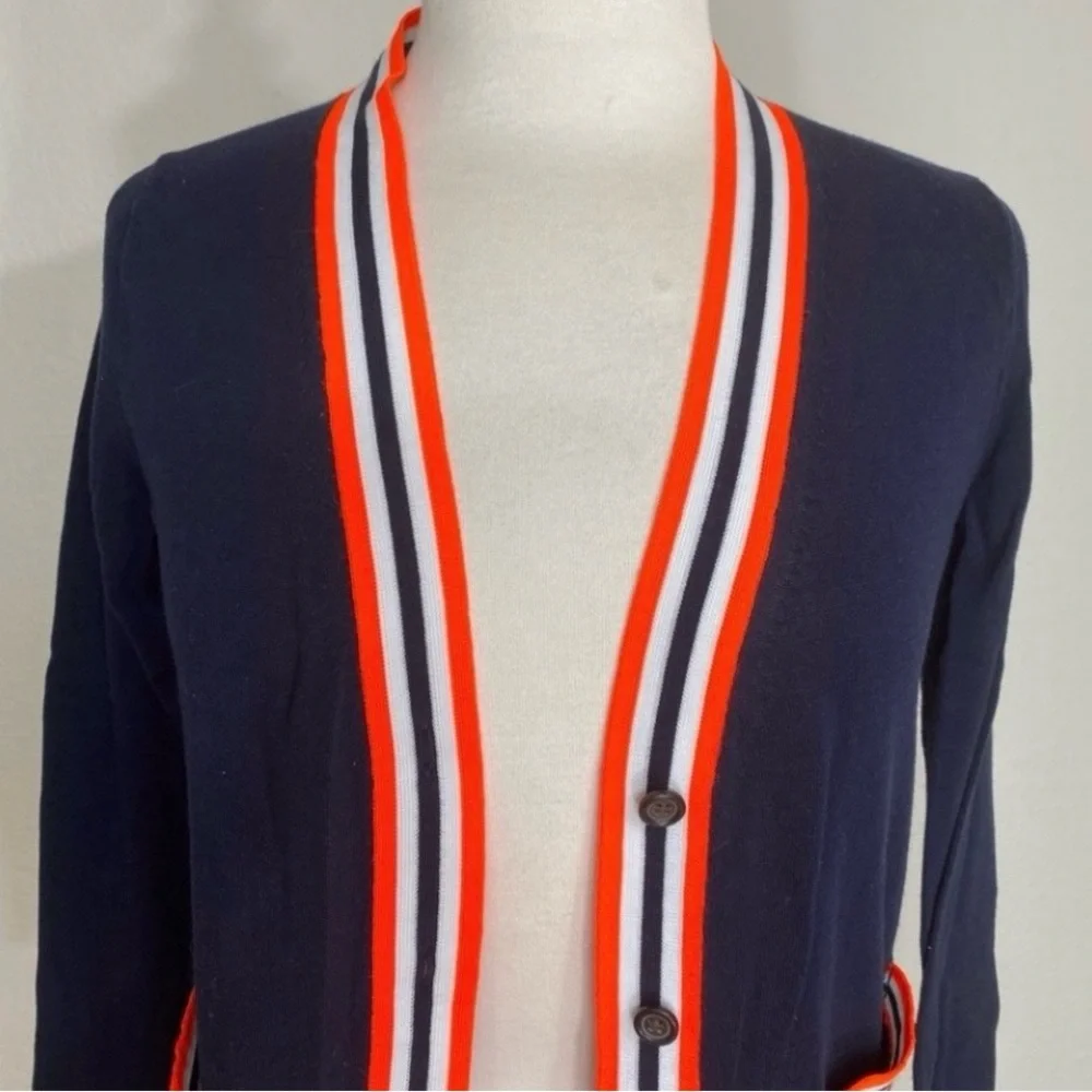 J. Crew Women Navy Neon Orange Stripe Detail Button Knit Cardigan Size XS Preppy - Picture 5 of 16